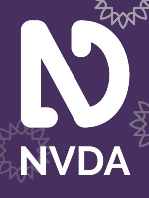 NVDA Logo in white with NVDA text below on purple background with grey sunburst designs around the edge.