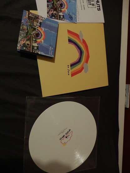 an album cover - yellow with a minimalist rainbow and "20/500" enscribed in black handwriting - next to a white vinyl and busy blue cd case.
