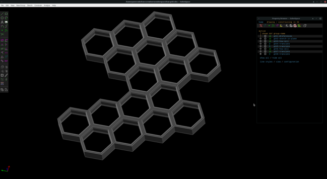 SolveSpace screenshot showing a custom honeycomb storage wall arrangement