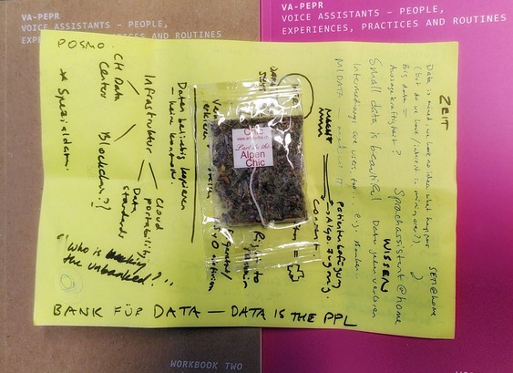 A tea bag labelled "Alpen Chic" on a yellow paper with scribbles, itself on two books (brown and pink) titled "VA-PEPR Voice Assistants .."