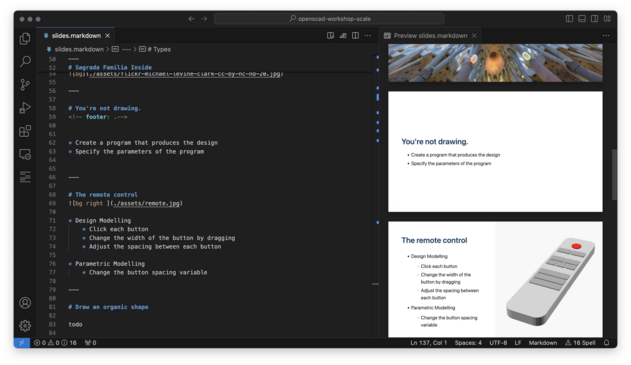 A screenshot of VSCode with the left side showing some simple markdown and the right showing a live preview of the slides