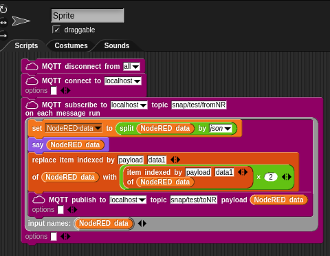 Screenshot of Snap! receiving the NodeRED message and then modifying one of the message properties