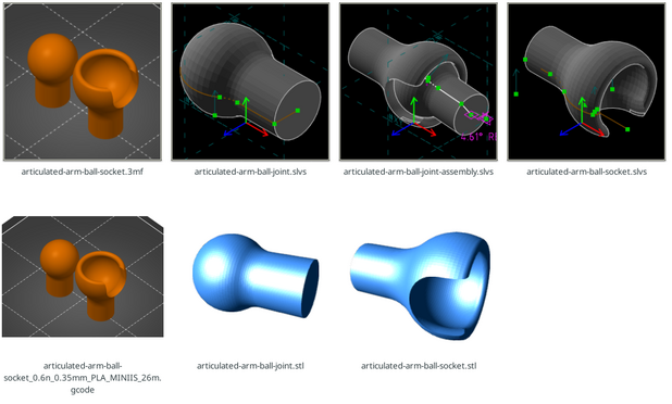 thumbnails for .slvs, .3mf, .stl, and .gcode files showing variants of a ball joint
