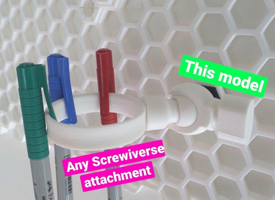 honeycomb storage wall with one ball-joint segment, holding a ring where three pens are attached. The ball-joint is labeled 'this model' in green, the ring is labeled 'any screwiverse attachment' in pink