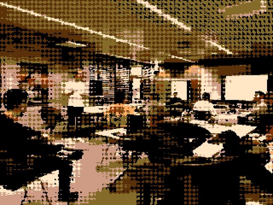 8-bit stylized photo of a person talking to a hackathon team