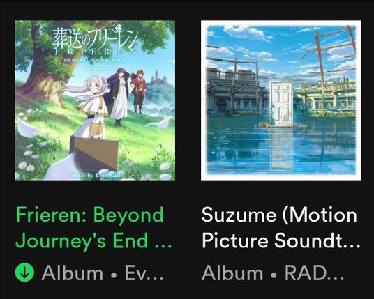Spotify albums for Frieren and Suzume soundtracks.
