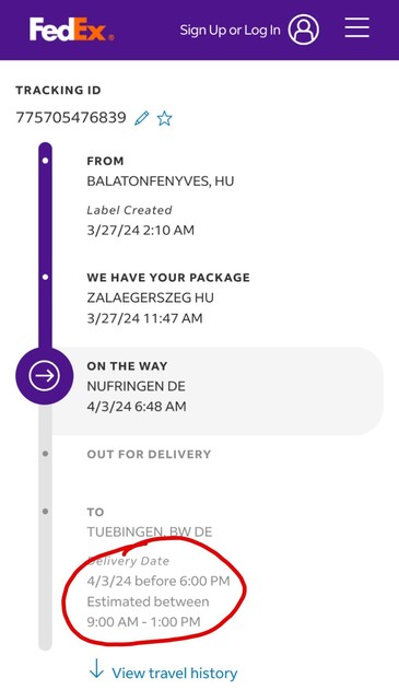 FedEx tracking, showing that the package will arrive today before 18:00, estimated 9:00-13:00