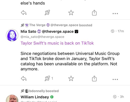 A screenshot of a social media post announcing the return of Taylor Swift's music to TikTok following a breakdown in negotiations between Universal Music Group and TikTok earlier in the year.