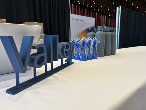 The Valkey table with 3d printed letters that spell Valkey 