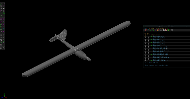 SolveSpace screenshot with a simple glider aircraft model