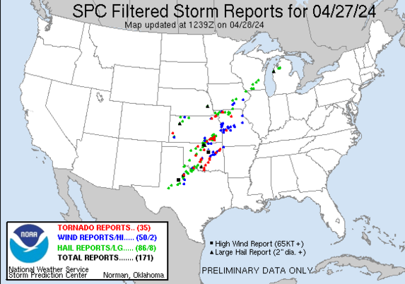  Map of 240427's Storm Reports (20240427 1200 UTC - 20240428 1159 UTC)