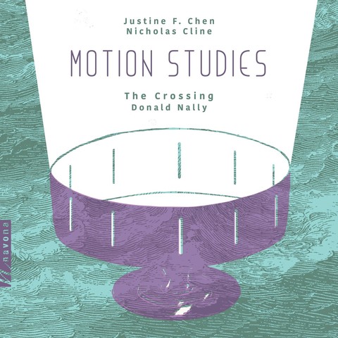 Cover of The Crossing’s Navona Records album “Motion Studies”, featuring a graphic of a large spotlight shining a wide beam upward, with the album’s title in the beam
