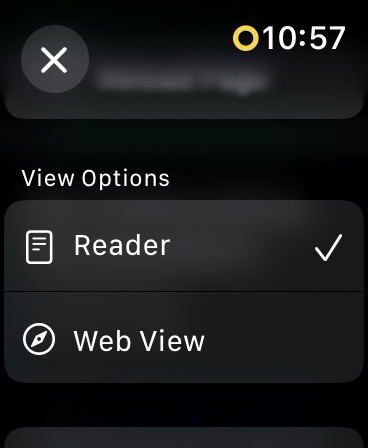 Apple Watch webview settings showing a toggle for reader view. 
