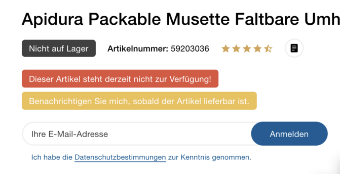 Screenshot from an online store with messages about the unavailibilty of a product coloured in black, red and dark yellow, resambling a German flag with their colour pattern.
