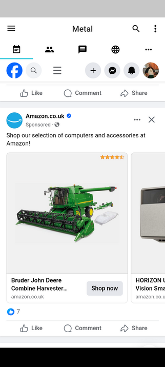 A screenshot of an advert on Facebook from Amazon for computer accessories which shows a green combine harvester.