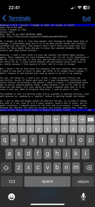 Newsboat opened in a terminal on iphone that is ssh into a sbc.