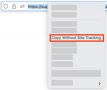 Screenshot of the Firefox context menu when right clicking a URL and demonstrating the "Copy Without Site Tracking" option.