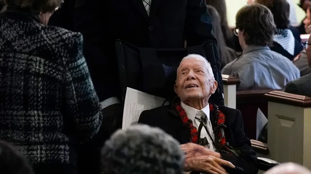  Former President Jimmy Carter departs after the funeral service for former first lady Rosalynn Carter at Maranatha Baptist Church on November 29, 2023, in Plains, Georgia.
Alex Brandon/Pool/Getty Images 