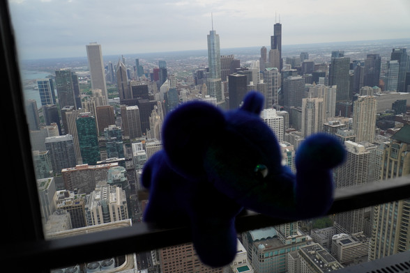 Slonik perched atop a skyscraper with the Chicago skyline behind 