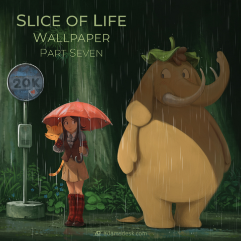 A tribute of the famous animation film My Neighbor Totoro of Pepper holding a red umbrella and Carrot on her back while standing next to Mastodon waiting at a bus stop in the rain.