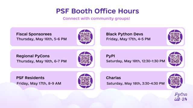 PSF Booth Office Hours
Connect with community groups!
Fiscal Sponsorees, May 16th, 5-6PM
Regional PyCons, May 16th, 6-7PM
PSF Residents, May 17th, 8-9AM
Black Python Devs, May 17th, 4-5PM
PyPI, May 18th, 12:30-1:30PM
Charlas, May 18th, 3:30-4:30PM