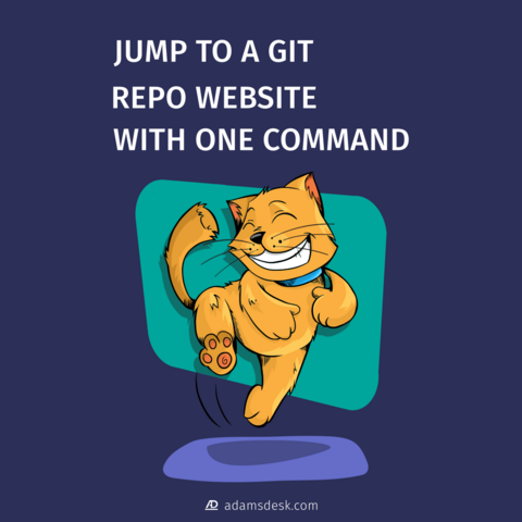A beige coloured cat is jumping up in the air joyfully with a smile. Text above says, 'Jump to a Git Repo Website with One Command'.