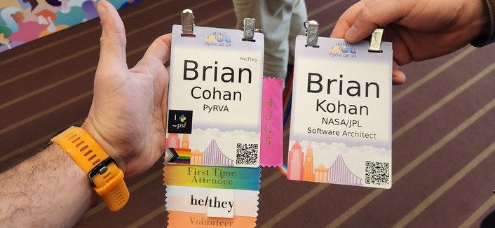 PyCon US badges, my badge "Brian Cohan" and another badge "Brian Kohan"