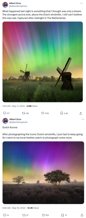 Two tweets with images of the aurora, the first one features windmills and has gone viral.
Source: https://x.com/albertdrosphoto