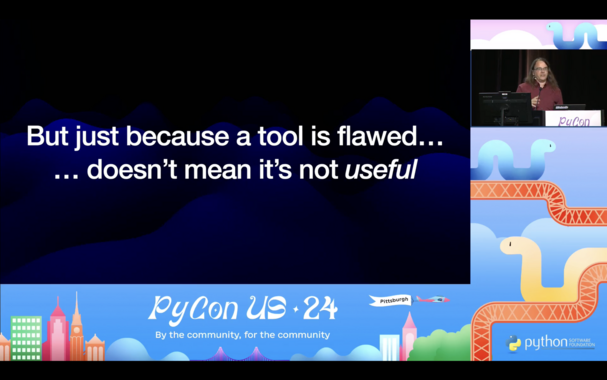 A screenshot of the online screencast of Simon Willison speaking at PyCon. The slide shared reads, 