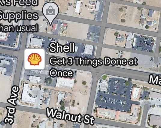 Google map zoomed in on a listing for Shell which says “get 3 things done at once”