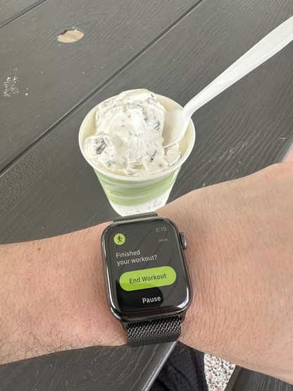 foreground: apple watch asking me if i’ve finished my workout
background: cup of ice cream 🍨 