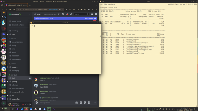 A KDE Plasma desktop with three windows and a bottom panel. Left side is Firefox with discord. It is overlapped with a small foot terminal window. Right is another terminal window running watch nvidia-smi.