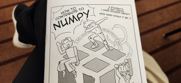 A black and white comic that says how to contribute to numpy. On the side it says 3 students 2 midterms 1 open source library ... how hard could it be?