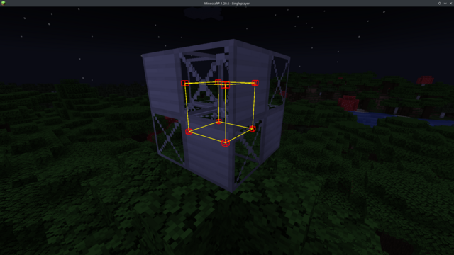 A WIP Minecraft mod showing a debug view of a graph of a 2 by 2 by 2 cube of frames with alternating states.