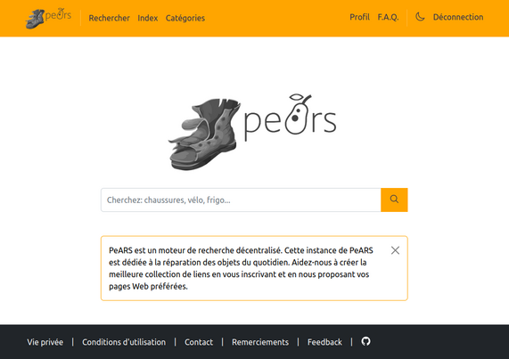 Capture d'écran d'une instance du moteur de recherche PeARS, dédiée à la réparation des objets du quotidien.