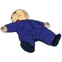 Krillin from Dragon Ball sprawled out on the ground in a suit, stunned.