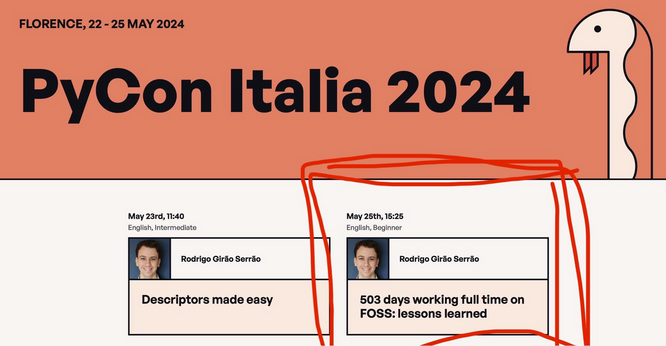 Screenshot of PyCon Italia website showing that my talk will take place at 15:25 on the 25th of May