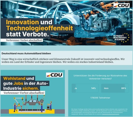 Bildschirmfoto einer Webseite der CDU, wo sie für Autos und einer Abschaffung des Verbrenner-Verbots wirbt. Dazu eine Umfrage, an der fast 180'000 Menschen teilgenommen haben. Zum Glück unterstützen davon nur 14% die Forderung der CDU, 86% sind dagegen.