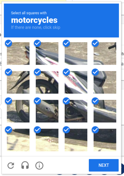 A captcha of a moped asking the user to identify all squares that contain a motorcycle. All 16 squares are checked.