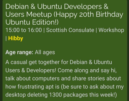 Debian meetup deets say: 