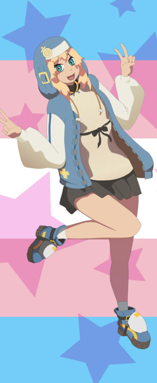 A drawing of Bridget from Guilty Gear Strive posing in front of a trans flag, holding up two peace signs. The image is in the format of a phone screen background