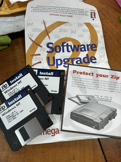 Iomega Zip drive envelope with diskettes to upgrade to windows NT drivers. 