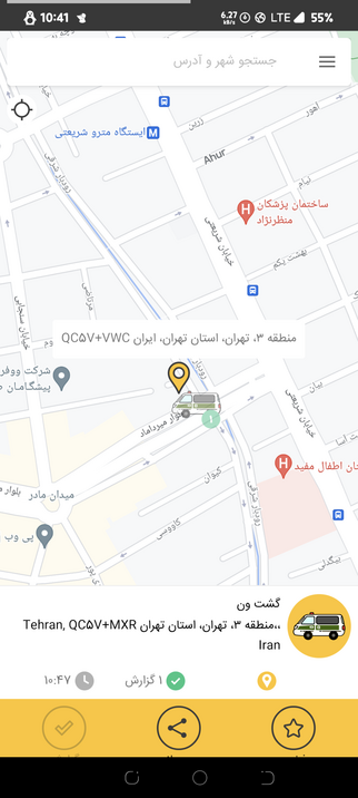 Picture of the map of tehran, with pin in the shape of morality police's vans.