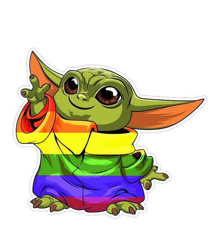 Baby Yoda wearing pride shirt 