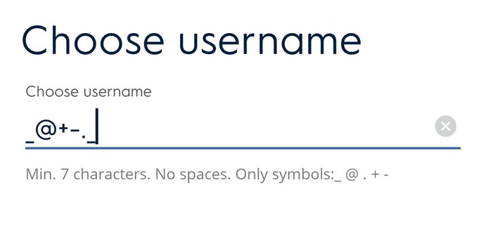 A username prompt filled in with only symbols, as one of the requirements states that