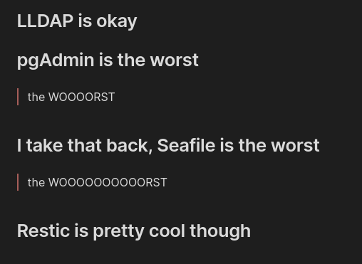 LLDAP is okay

pgAdmin is the worst

> the WOOOORST

I take that back, Seafile is the worst

> the WOOOOOOOOOORST

Restic is pretty cool though