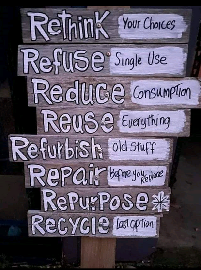 A sign stating: Rethink (your choices). Refuse (single use). Reduce (consumption). Reuse (everything). Refurbish (old stuff). Repair (before you replace). Repurpose. Recycle (last option).