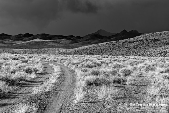 A black and white landscape photo of a sagebrush bordered dirt road starting in the lower left, going toward the center of the photo, and then curving toward the left and disappearing. The road is brightly lit as is a low hill on the right. In the background and very dark clouds which appear to be raining of the distant mountains. 