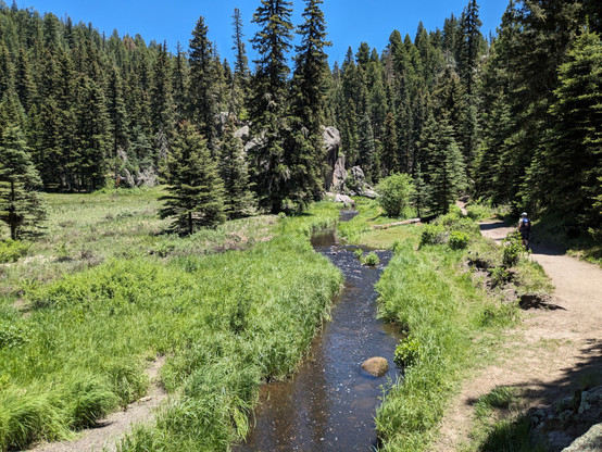 A mountain creek winds through a green grassy meadow. To the right of the creek is a hiker on a trail. In the distance, along the creek, someone is fishing.