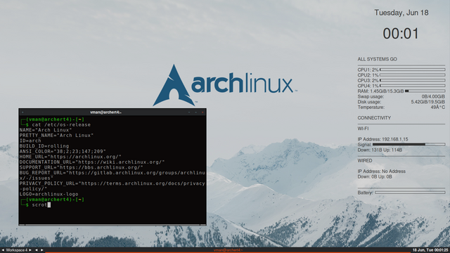 screenshot of arch linux showcasing a terminal with command `cat /etc/os-release` and conky in the background

/etc/os-release contains:

NAME=